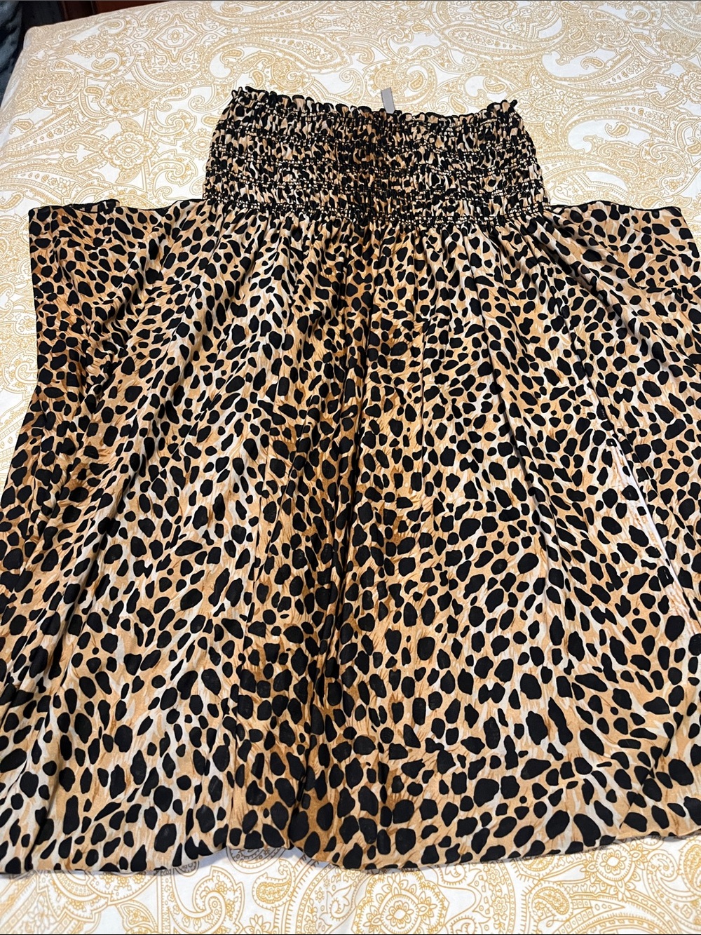 Leopard Print Smocked Maxi Dress - Black and Tan